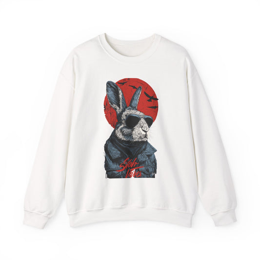 Bunny Pilot Crewneck Sweatshirt — Cool Rabbit Graphic with Red Sun