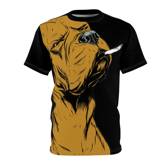 Smoking Dog Graphic Tee — Bold Pitbull Illustration All-Over Print