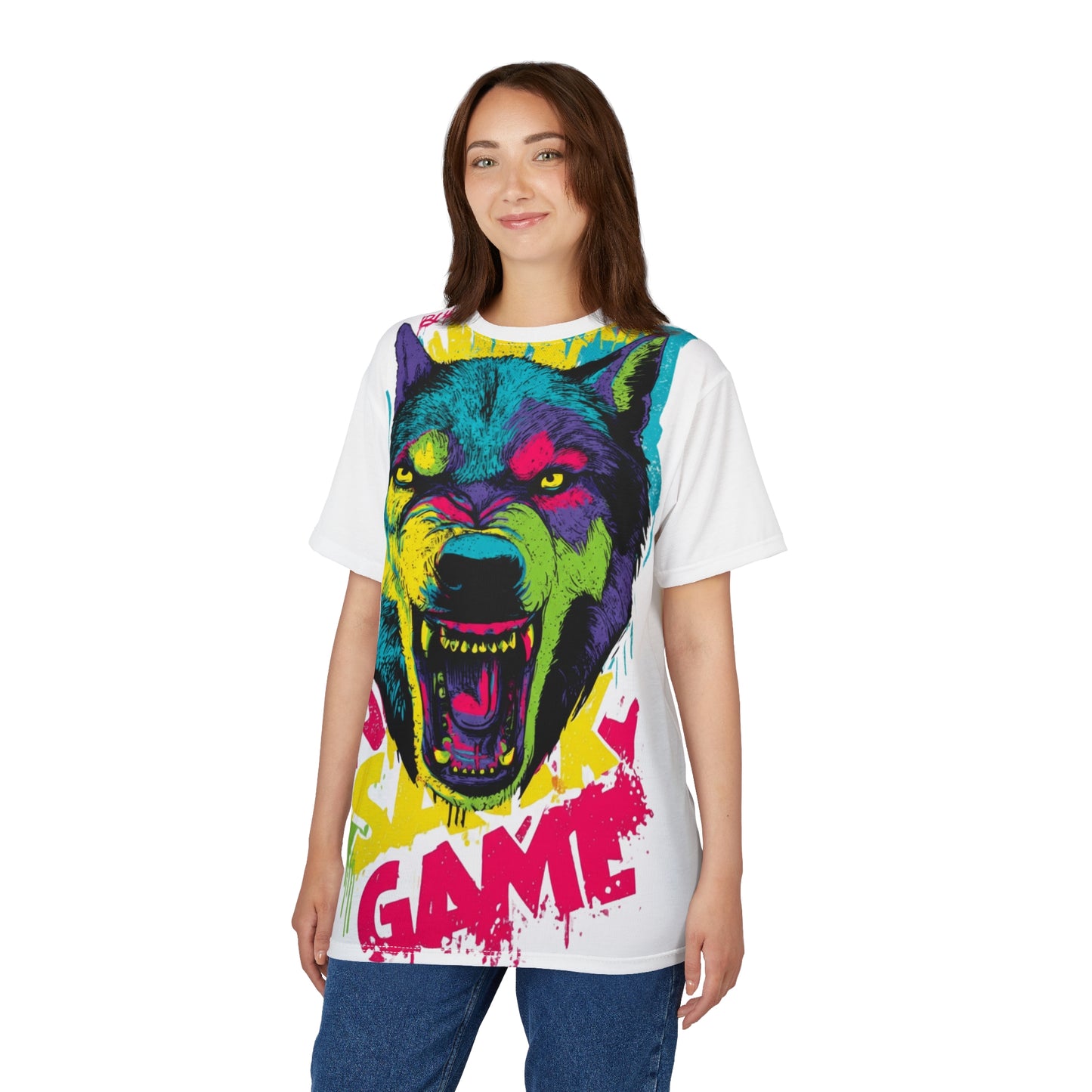 Neon Wolf Roar Tee — Colorful Graffiti 'Game' Graphic T-Shirt