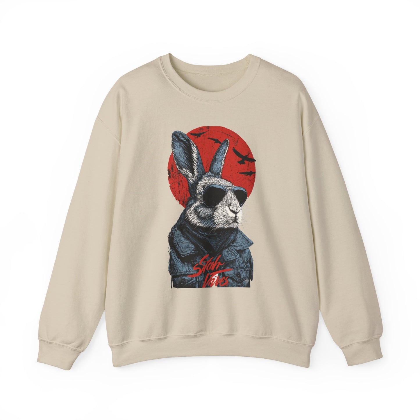 Bunny Pilot Crewneck Sweatshirt — Cool Rabbit Graphic with Red Sun
