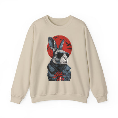 Bunny Pilot Crewneck Sweatshirt — Cool Rabbit Graphic with Red Sun