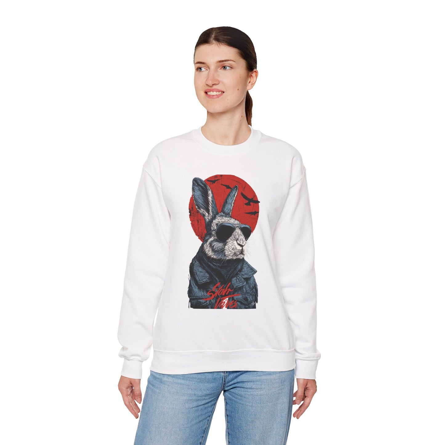 Bunny Pilot Crewneck Sweatshirt — Cool Rabbit Graphic with Red Sun