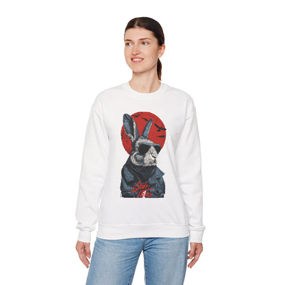 Bunny Pilot Crewneck Sweatshirt — Cool Rabbit Graphic with Red Sun