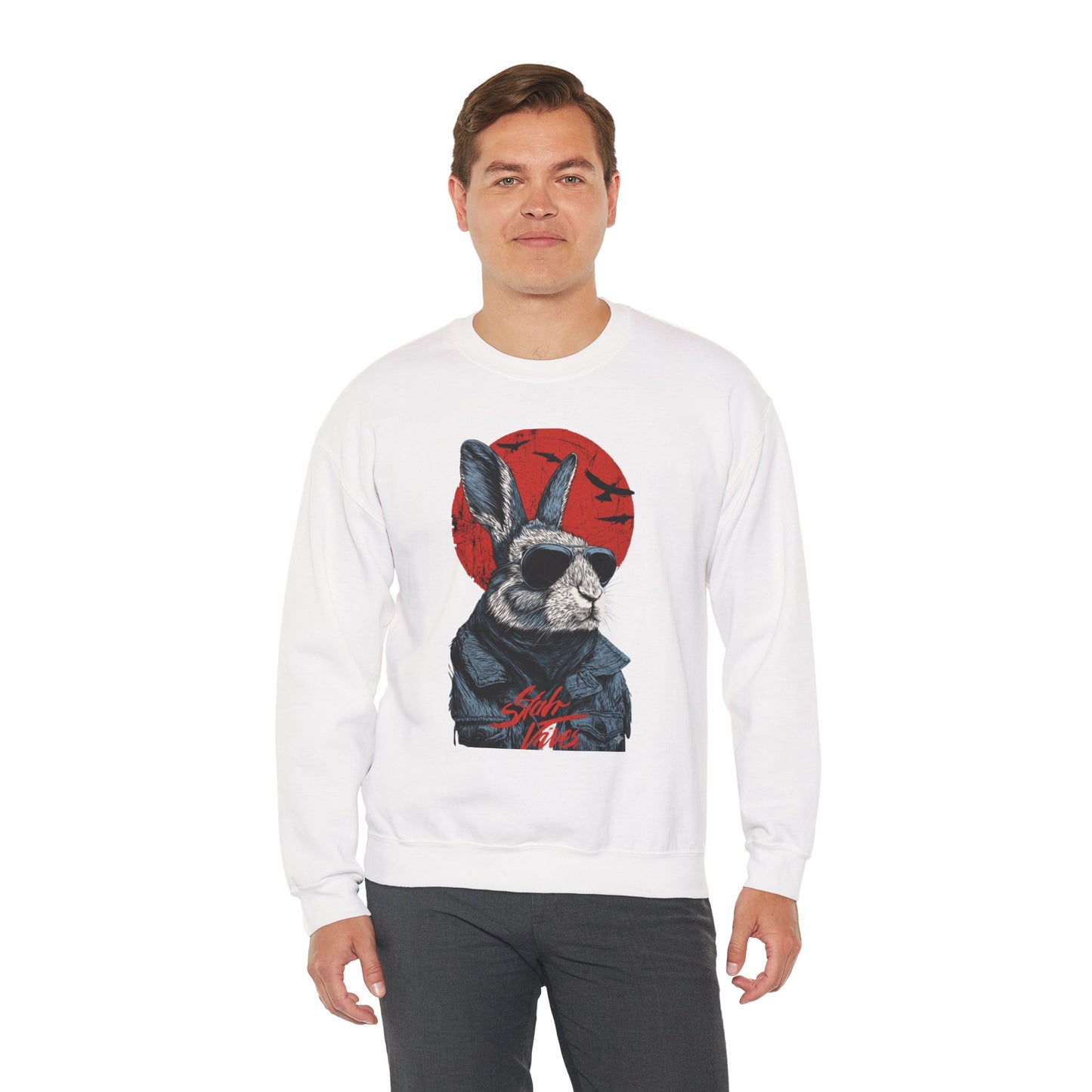 Bunny Pilot Crewneck Sweatshirt — Cool Rabbit Graphic with Red Sun
