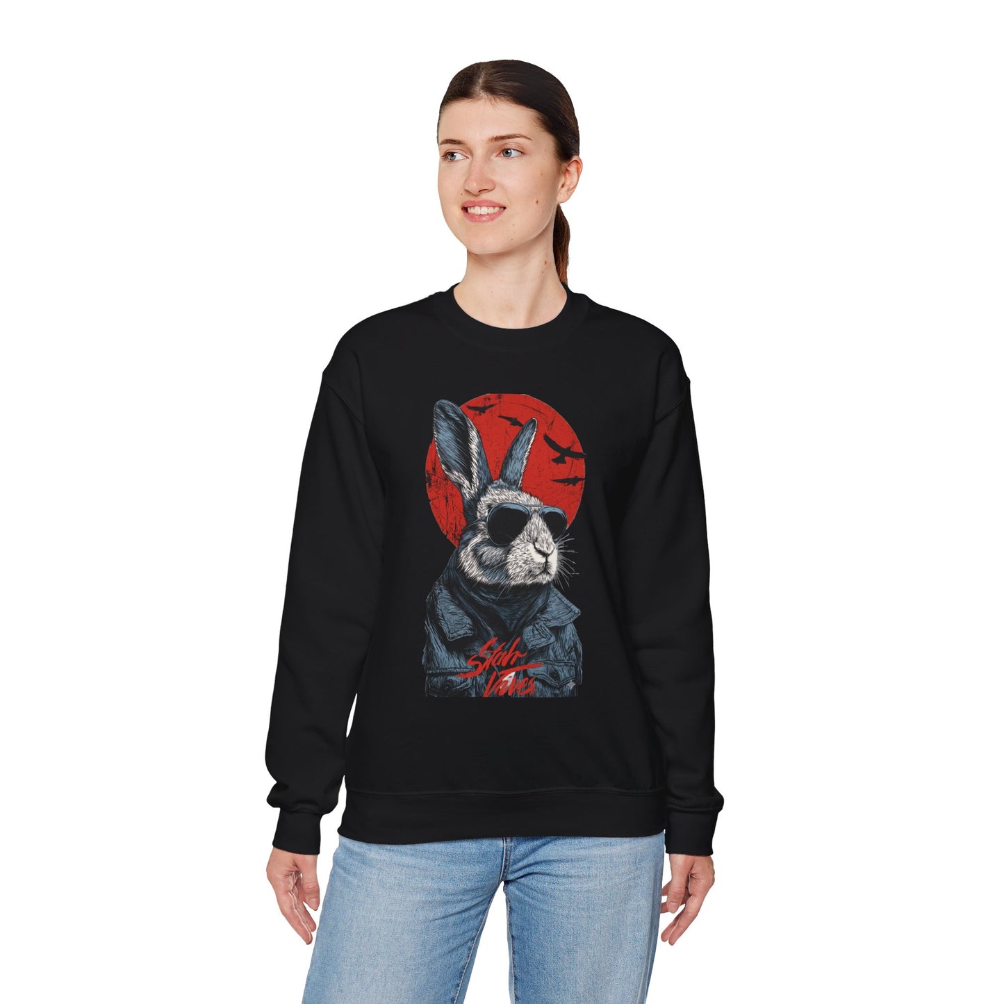 Bunny Pilot Crewneck Sweatshirt — Cool Rabbit Graphic with Red Sun