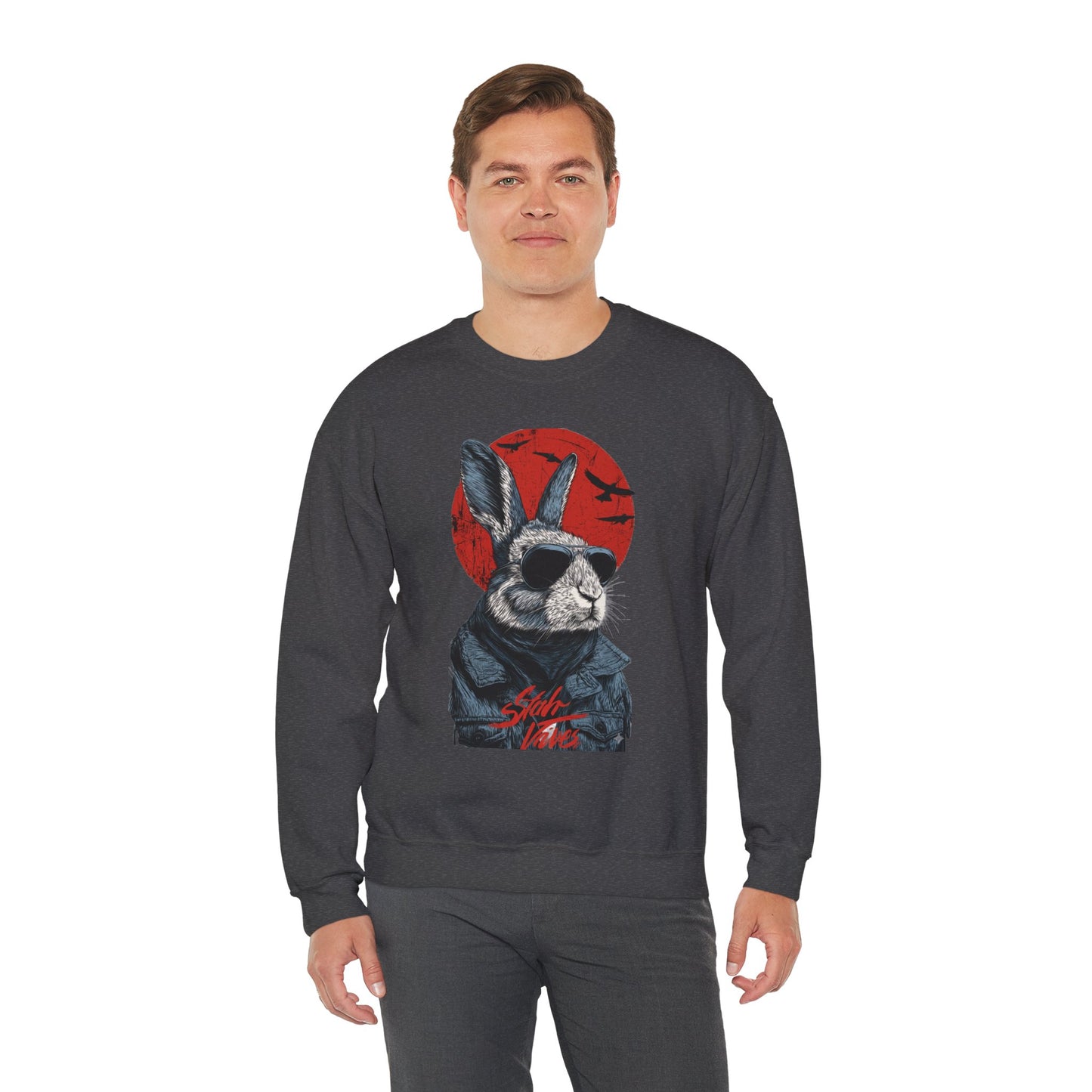 Bunny Pilot Crewneck Sweatshirt — Cool Rabbit Graphic with Red Sun