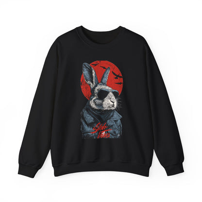 Bunny Pilot Crewneck Sweatshirt — Cool Rabbit Graphic with Red Sun
