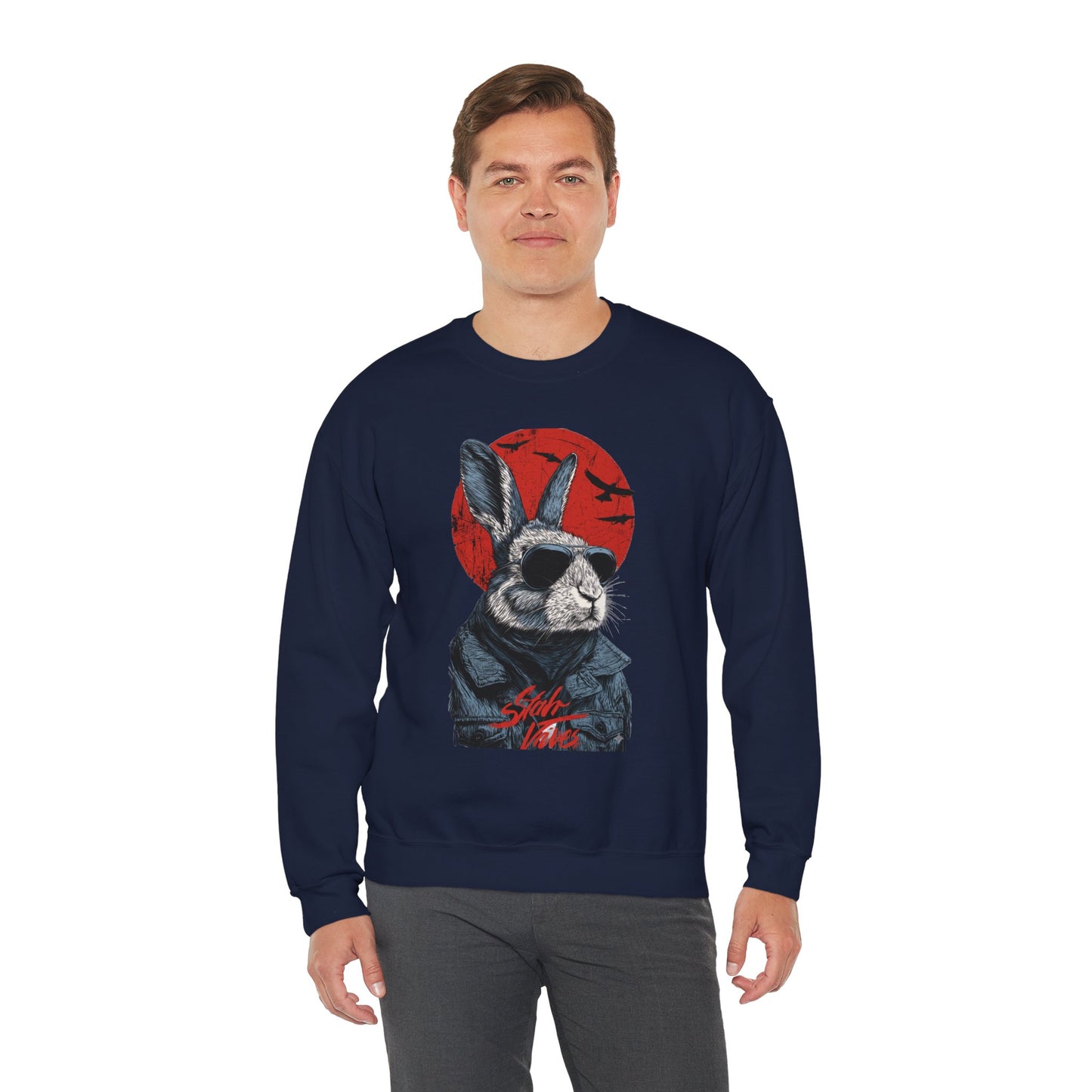 Bunny Pilot Crewneck Sweatshirt — Cool Rabbit Graphic with Red Sun