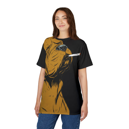 Smoking Dog Graphic Tee — Bold Pitbull Illustration All-Over Print