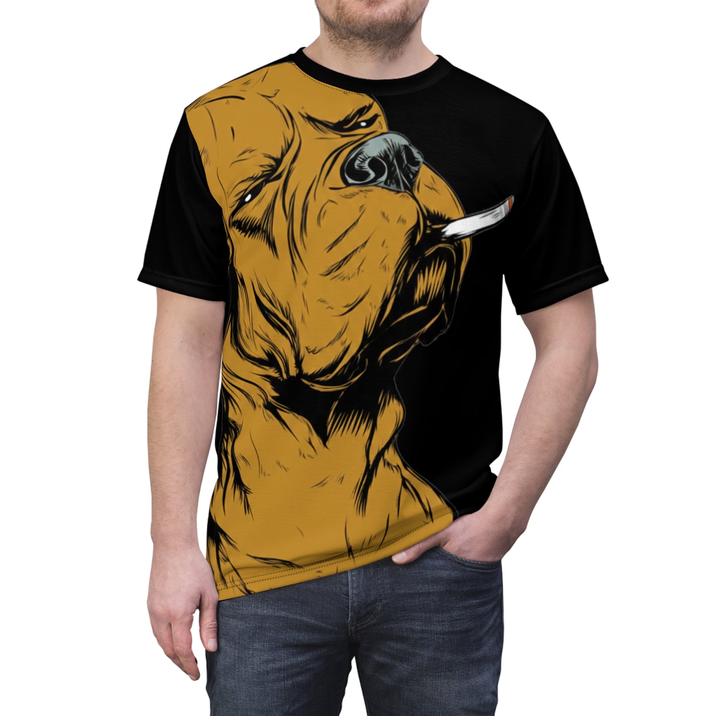 Smoking Dog Graphic Tee — Bold Pitbull Illustration All-Over Print