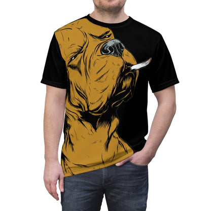 Smoking Dog Graphic Tee — Bold Pitbull Illustration All-Over Print