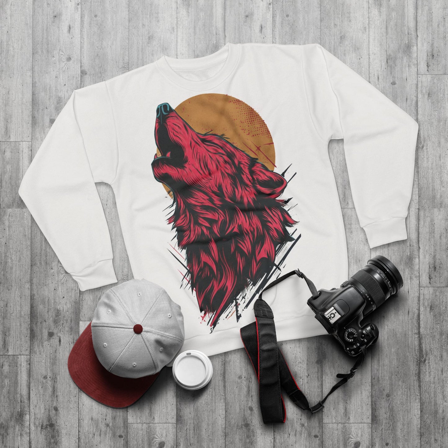 Howling Wolf Sweatshirt — Bold Red Wolf Moon Graphic Crewneck