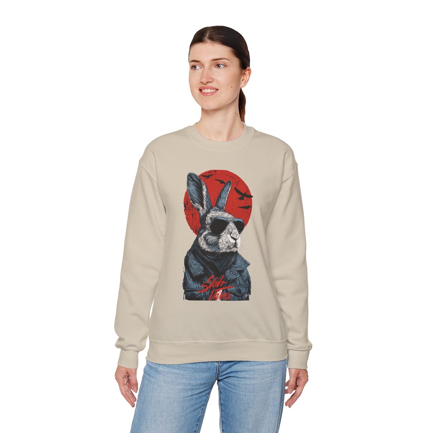 Bunny Pilot Crewneck Sweatshirt — Cool Rabbit Graphic with Red Sun