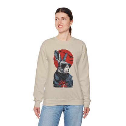 Bunny Pilot Crewneck Sweatshirt — Cool Rabbit Graphic with Red Sun