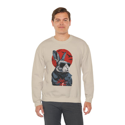 Bunny Pilot Crewneck Sweatshirt — Cool Rabbit Graphic with Red Sun