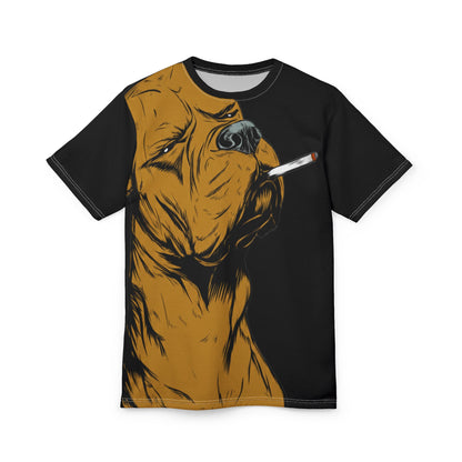 Smoking Dog Graphic Tee — Bold Pitbull Illustration All-Over Print